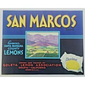 Vintage 1940's San Marcos Original Sunkist Lemon Crate‎ Label Goleta CA. USA